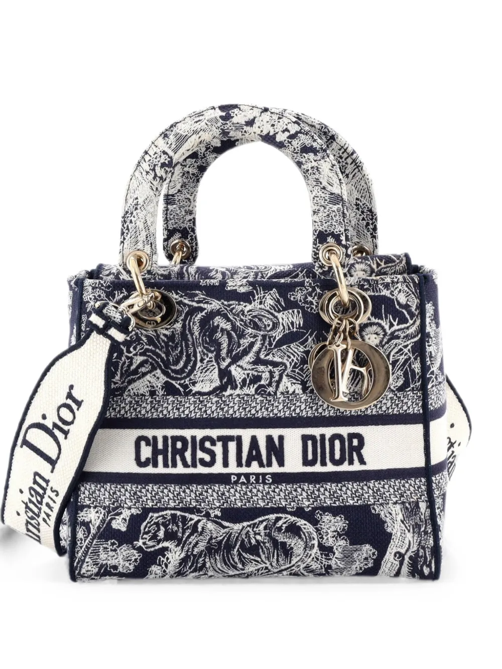 Pre-owned Dior Lady D-lite Bag Embroidered Canvas Medium Satchel In Blue
