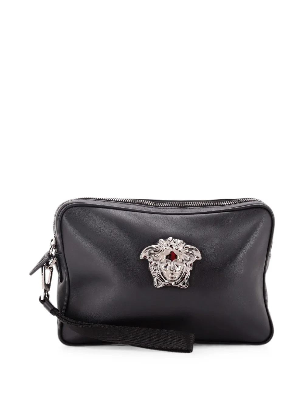 Pre-owned Versace Medusa Wristlet Leather Large Pouch In Black