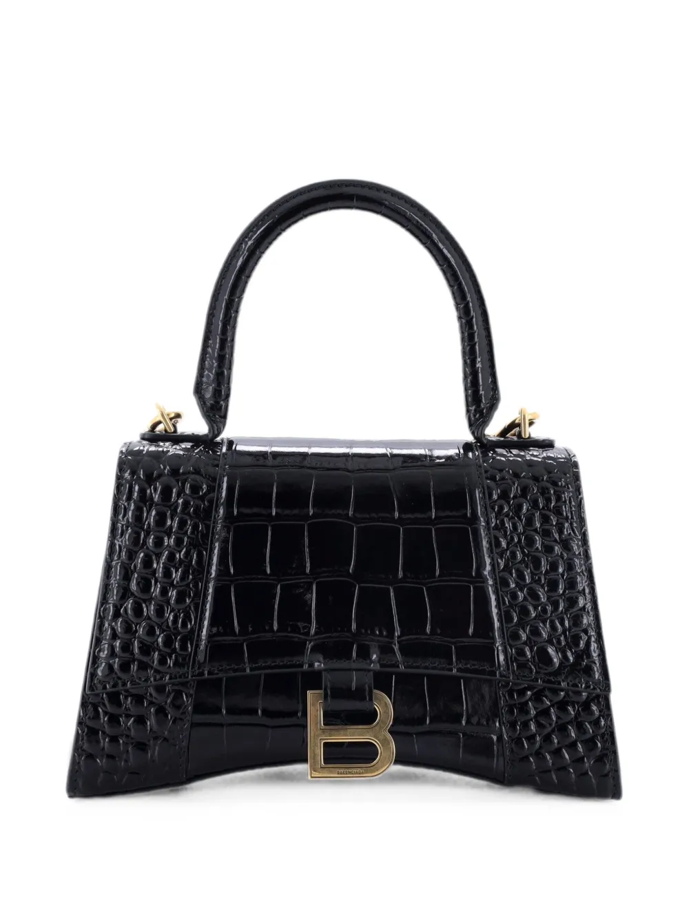 Pre-owned Balenciaga Hourglass Top Handle Bag Crocodile Embossed Leather Xs Satchel In Black