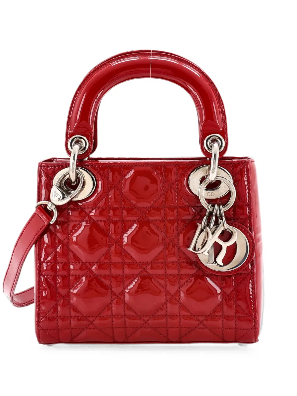 Pre-owned Dior Lady  Bag Cannage Quilt Patent Mini Satchel In Red