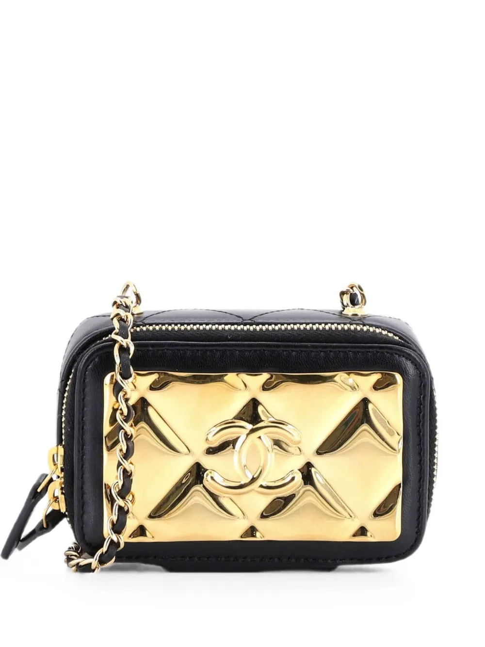 Pre-owned Chanel Golden Plate Zip Around Vanity Case With Chain Quilted Metal And Lambskin Extra Mini Clutch Bag In Black