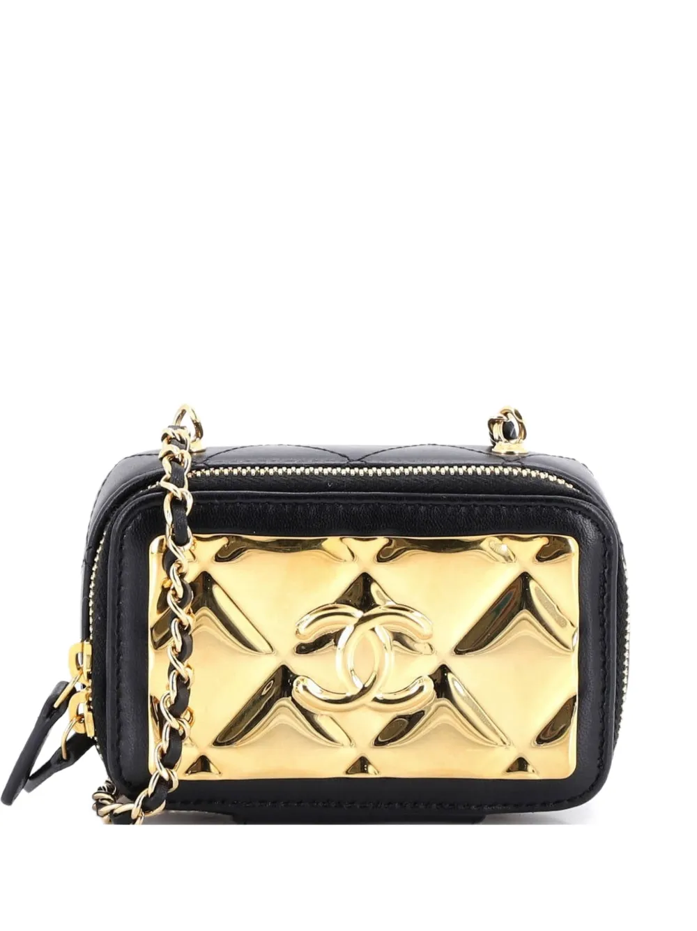 CHANEL Pre-Owned Vanity Case extra mini in pelle di agnello trapuntata con catena, placca color oro con motivo trapuntata e zip a giro - Nero