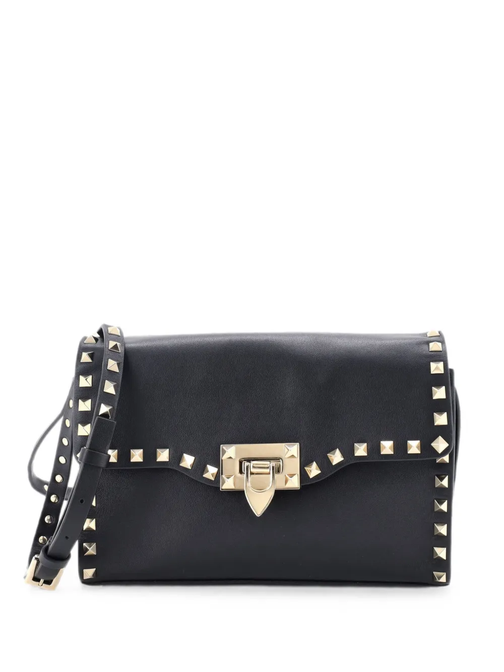 Pre-owned Valentino Garavani Rockstud Flip Lock Flap Bag Leather Medium Crossbody Bag In Black