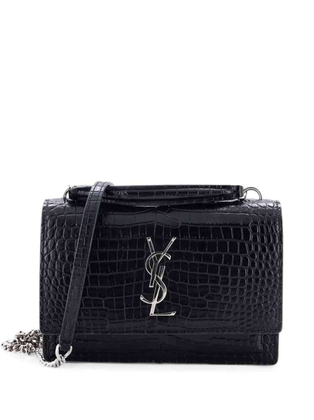Pre-owned Saint Laurent Sunset Top Handle Chain Wallet Crocodile Embossed Leather Crossbody Bag In ブラック
