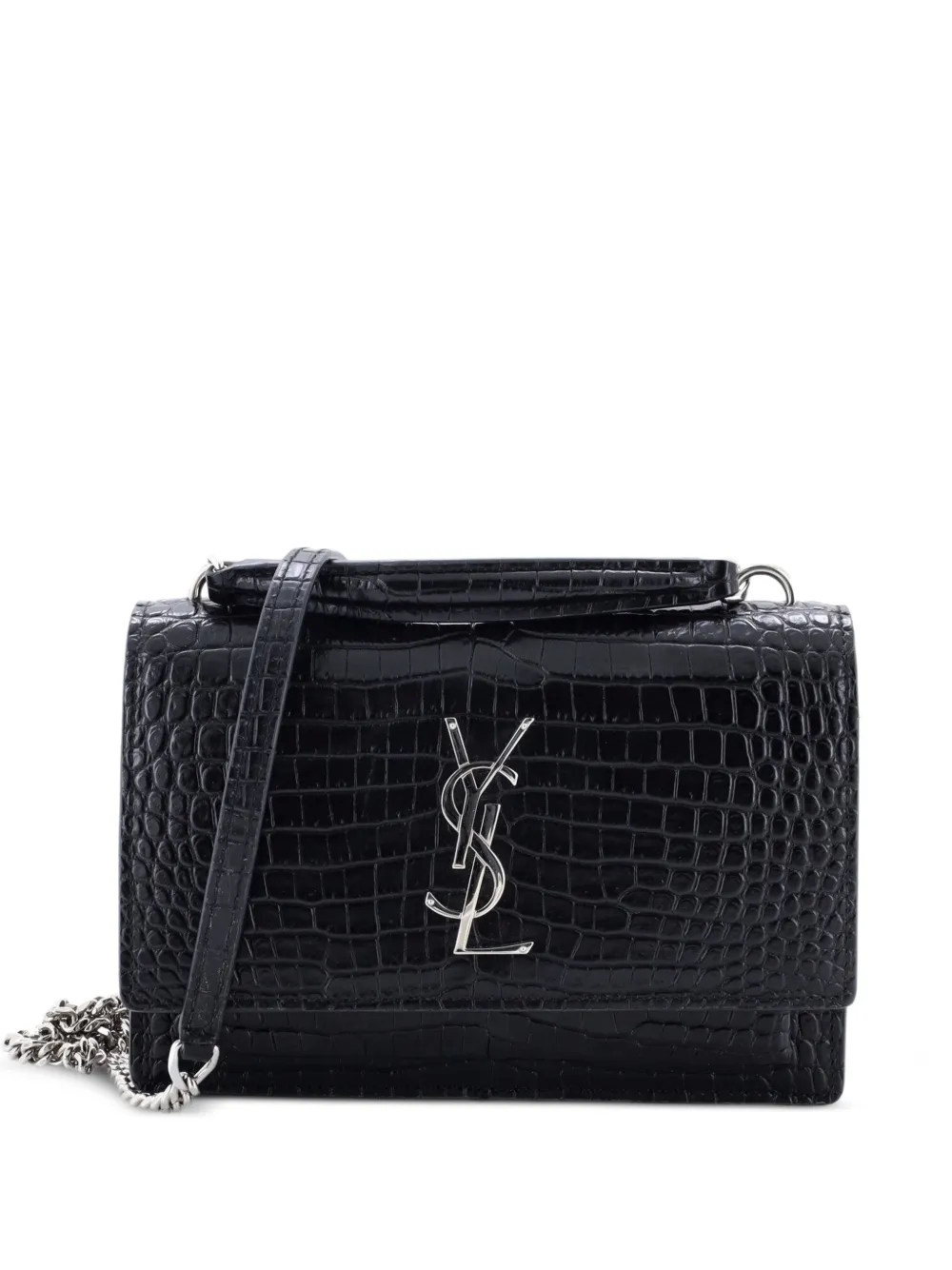 Saint Laurent Pre-Owned Borsa a tracolla Sunset in pelle goffrata effetto coccodrillo con manico e catena - Nero