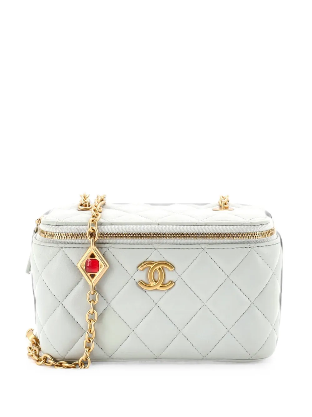 Pre-owned Chanel Classic Vanity Case With Resin Pearl Chain Quilted Lambskin Small Clutch Bag In Grey