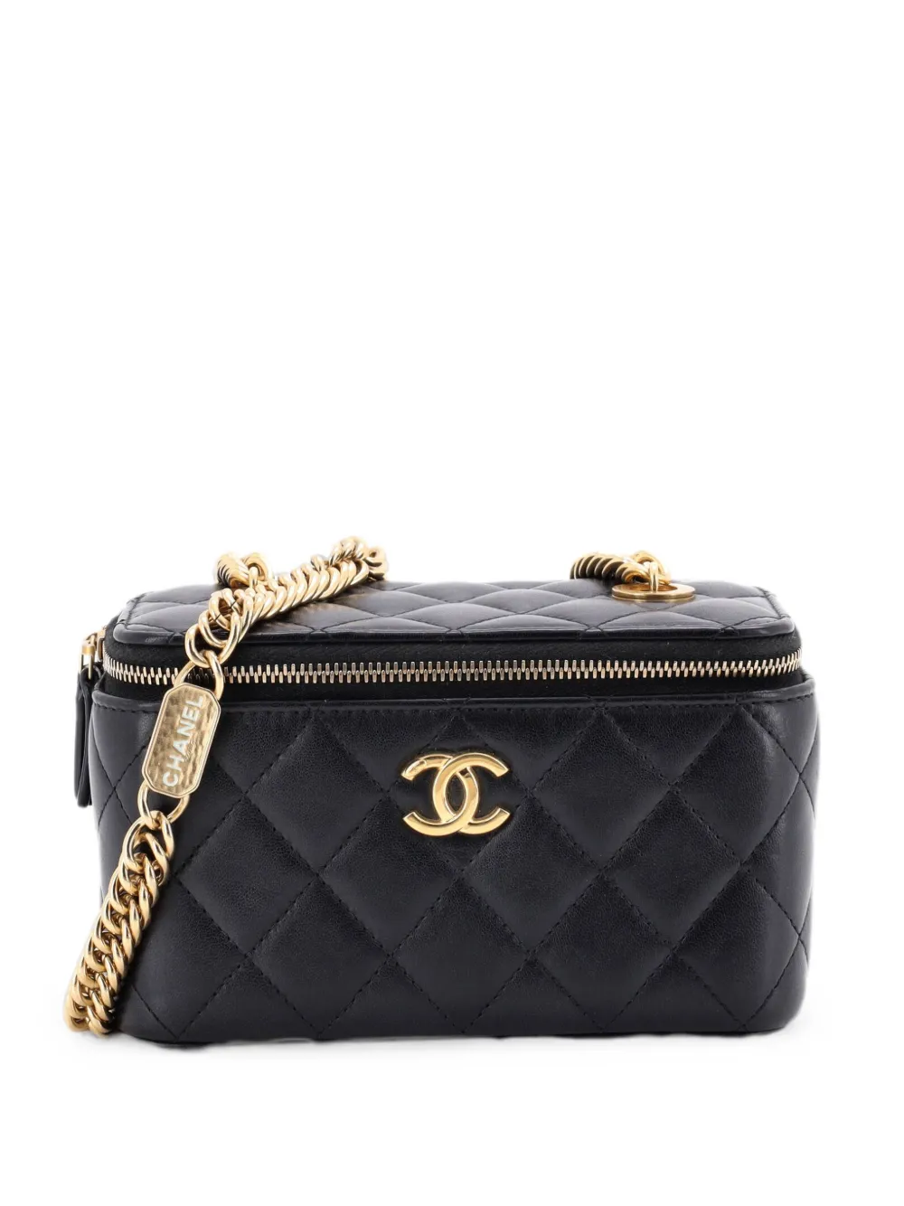 Pre-owned Chanel Coco Enamel Strap Vanity Case With Chain Quilted Lambskin Small Crossbody Bag In Black