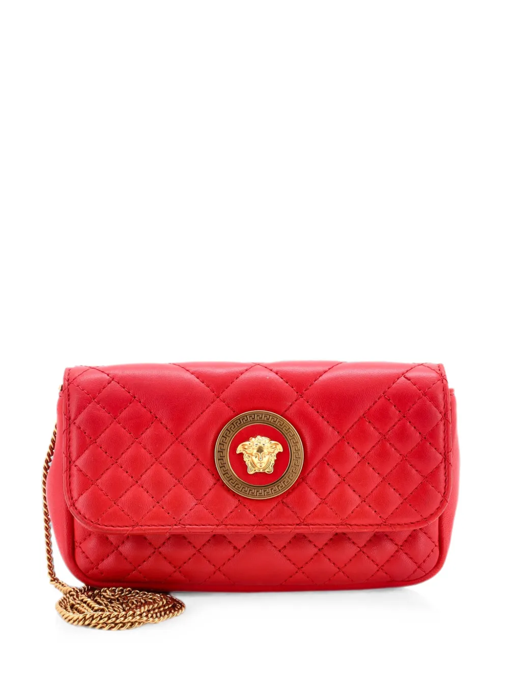 Pre-owned Versace Medusa Icon Chain Flap Bag Quilted Leather Mini Crossbody Bag In Red