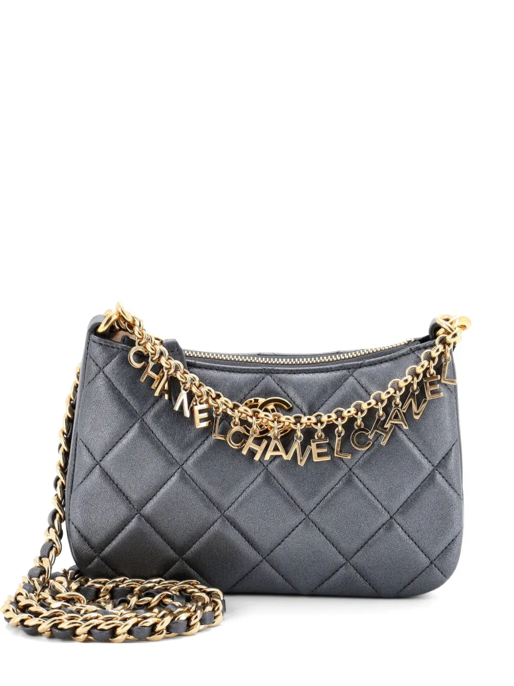 CHANEL Pre-Owned Borsa a tracolla piccola in pelle di agnello trapuntata con manico e logo - Effetto metallizzato