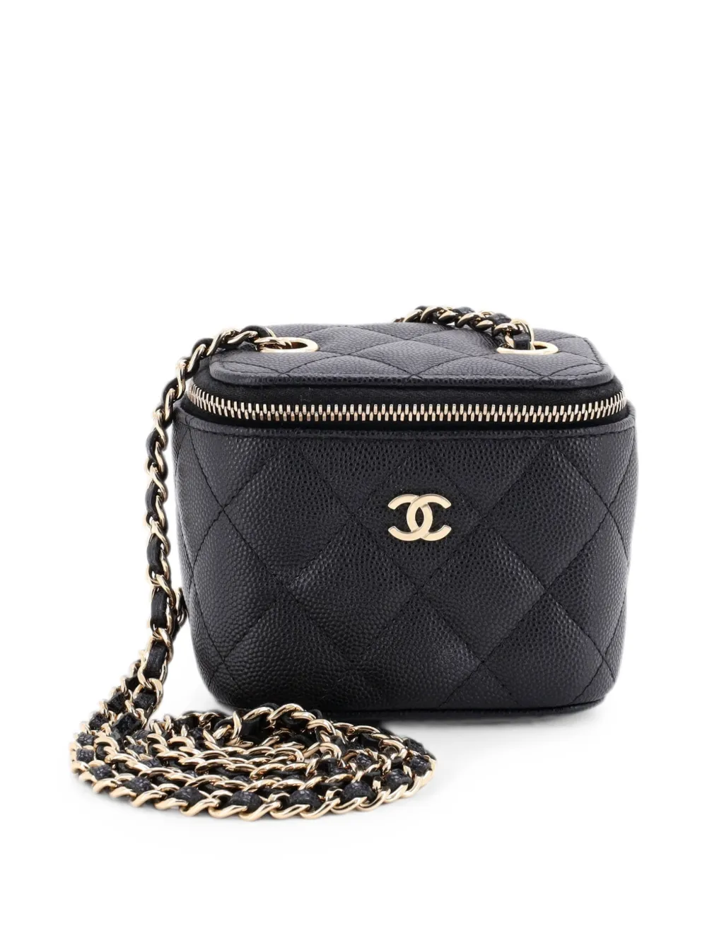 Pre-owned Chanel Classic Vanity Case With Chain Quilted Caviar Mini Pouch In Black