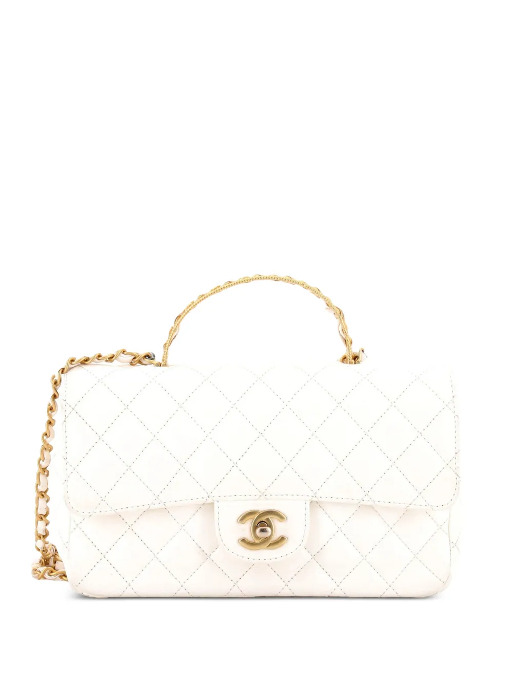 CHANEL Pre-Owned Borsa a tracolla media in pelle di agnello trapuntata con battente, manico e catena - Bianco