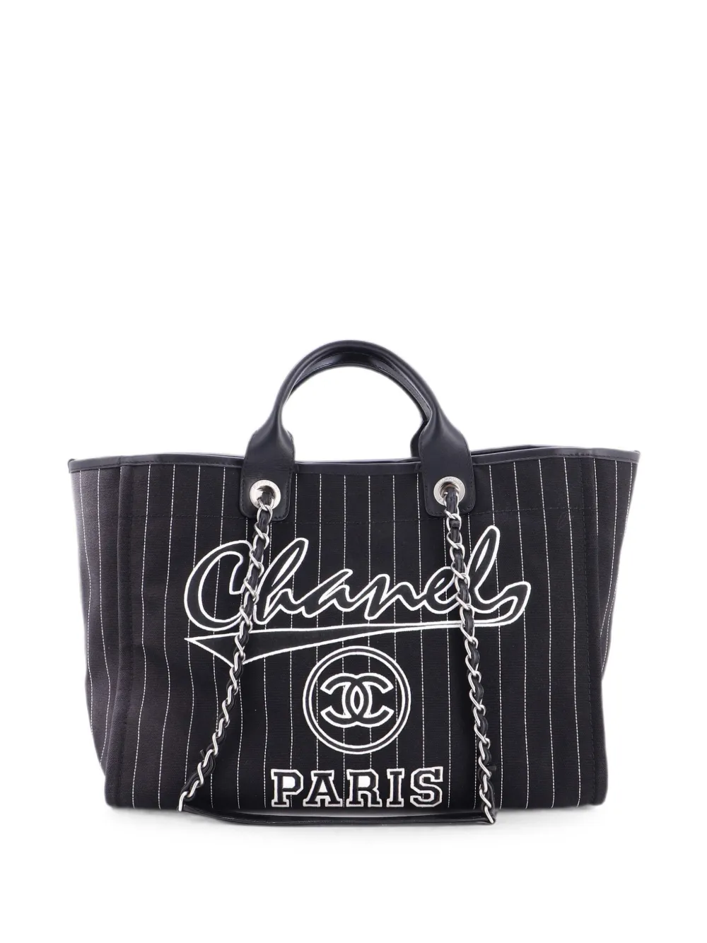Pre-owned Chanel Deauville Tote Embellished Shiny Calfskin Medium Satchel In Black
