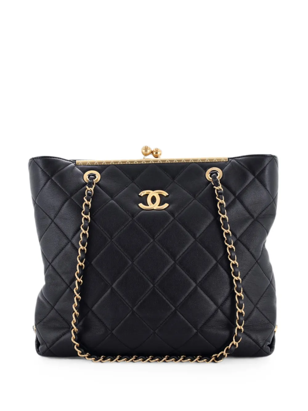 Pre-owned Chanel Signature Plate Shopping Bag Quilted Lambskin Medium Tote Bag In Black