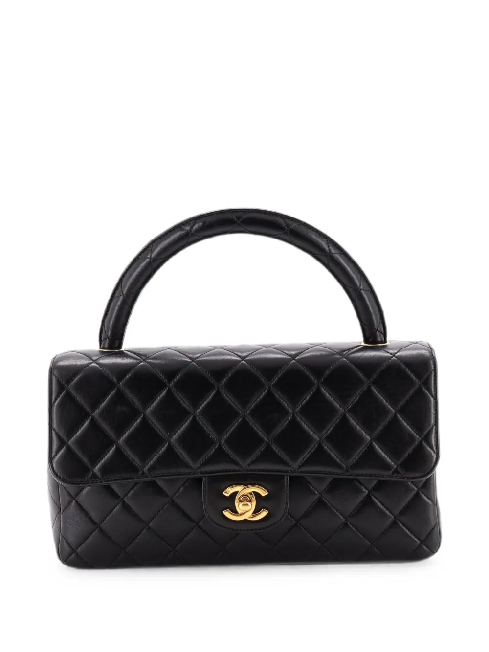 Pre-owned Chanel Twin Top Handle Flap Bag Quilted Lambskin Medium Satchel In Black