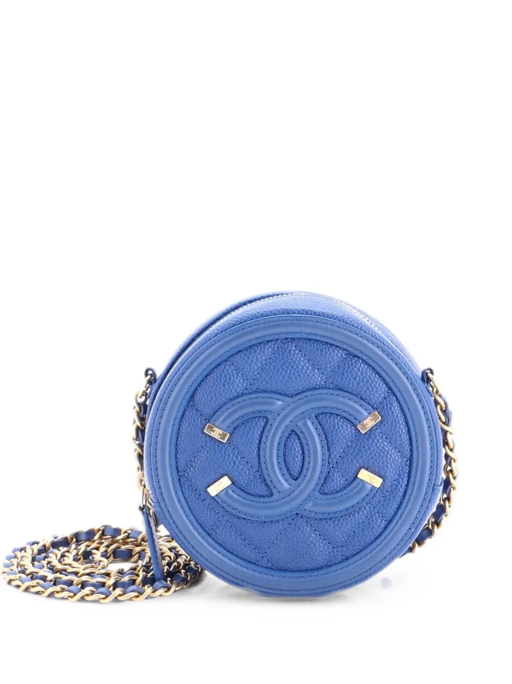 Pre-owned Chanel Filigree Round Clutch With Chain Quilted Caviar Mini Crossbody Bag In ブルー