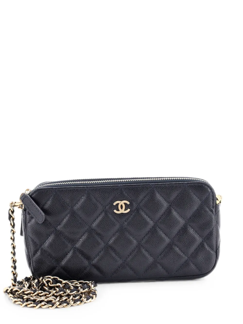 Pre-owned Chanel Double Zip Clutch With Chain Quilted Iridescent Caviar Crossbody Bag In Blue