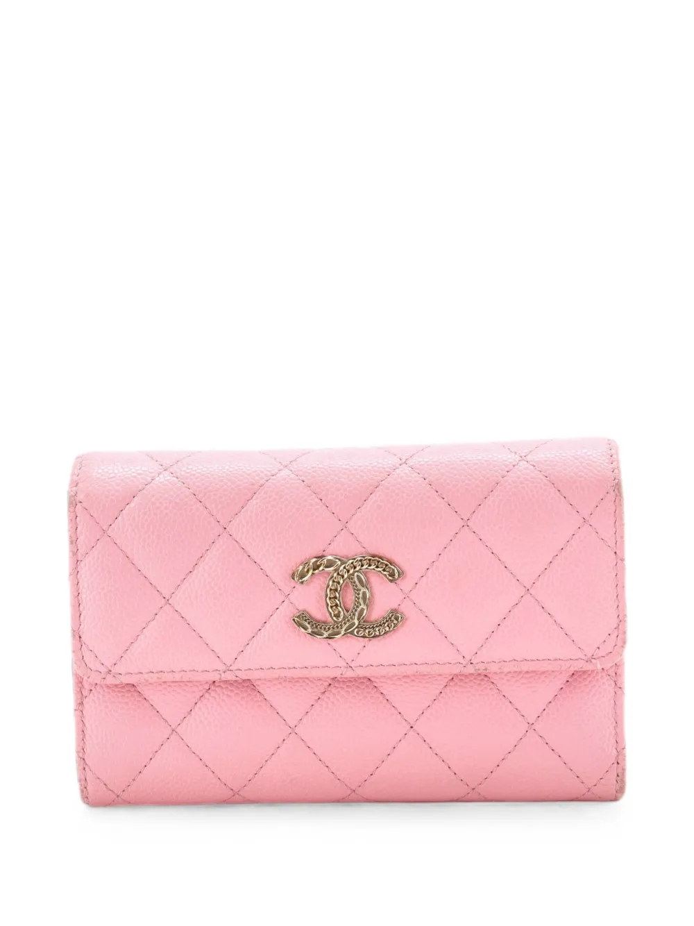 Pre-owned Chanel Cc Gusset Classic Flap Wallet Quilted Caviar Medium Small Wallets In Pink
