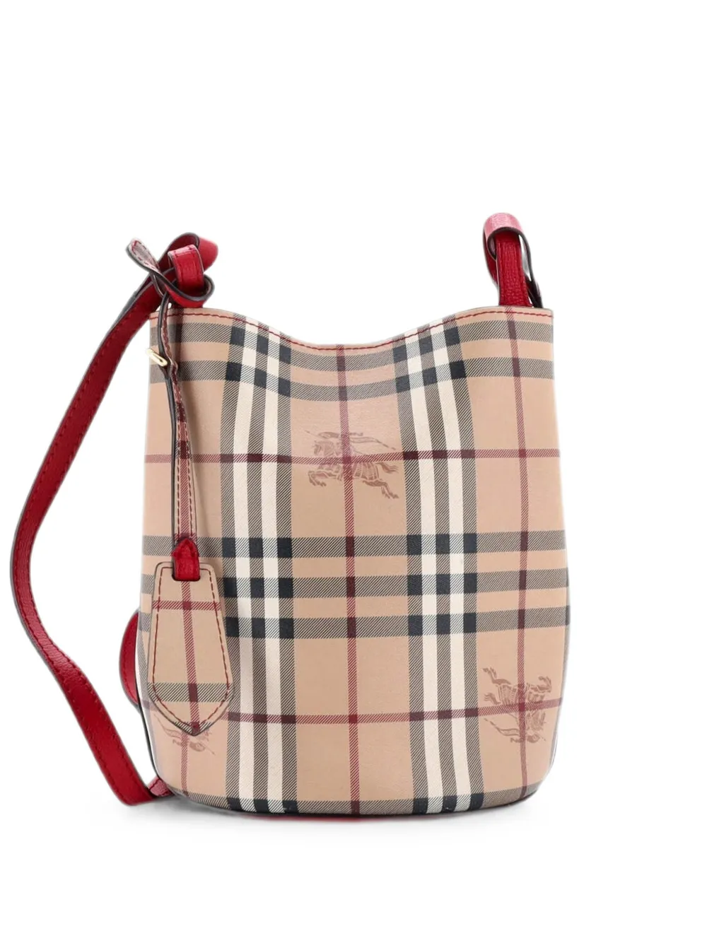 Pre-owned Burberry Lorne Haymarket Coated Canvas Small Bucket Bag In Red