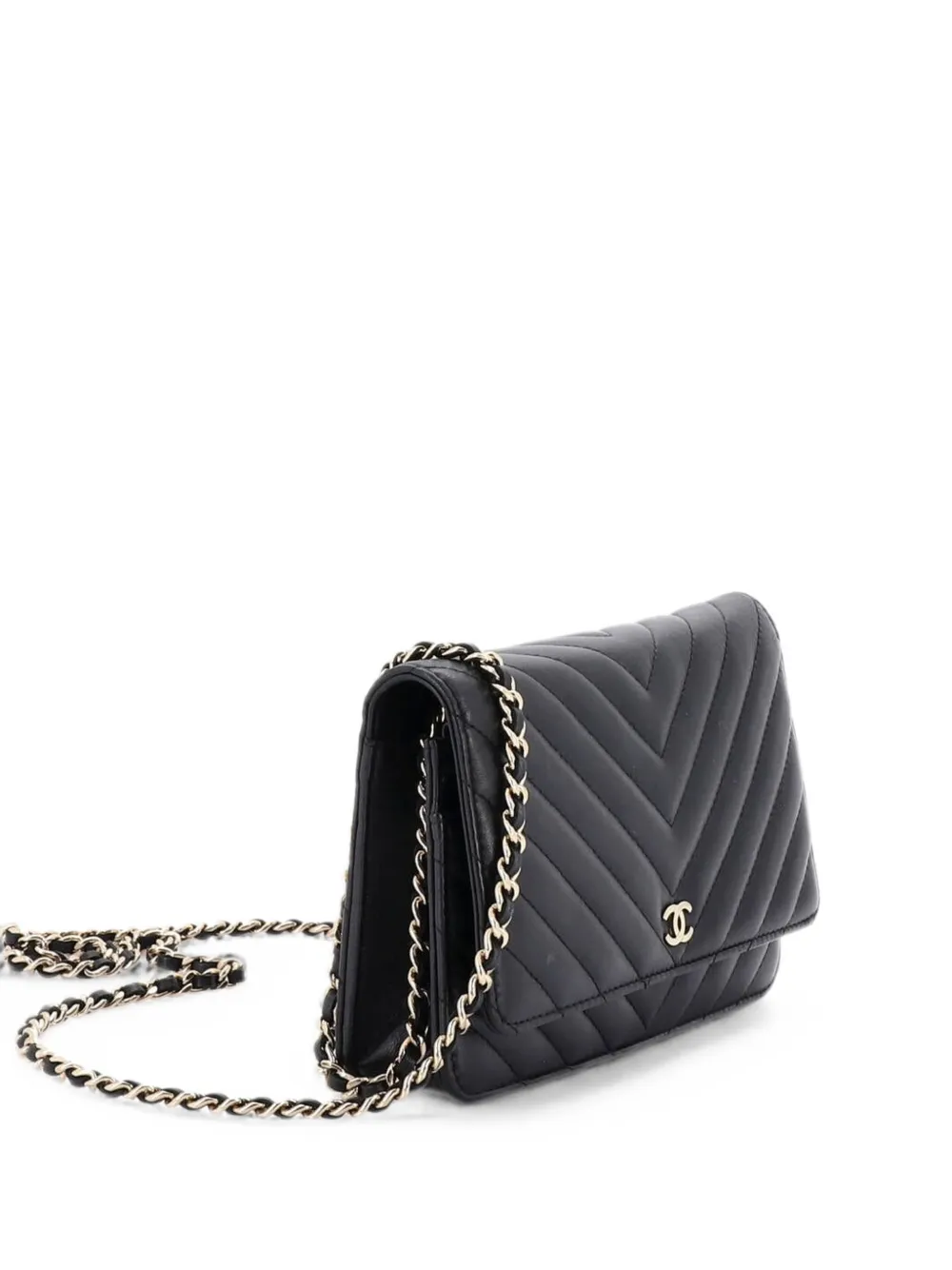 Pre-owned Chanel Wallet On Chain Chevron Lambskin Crossbody Bag In Black
