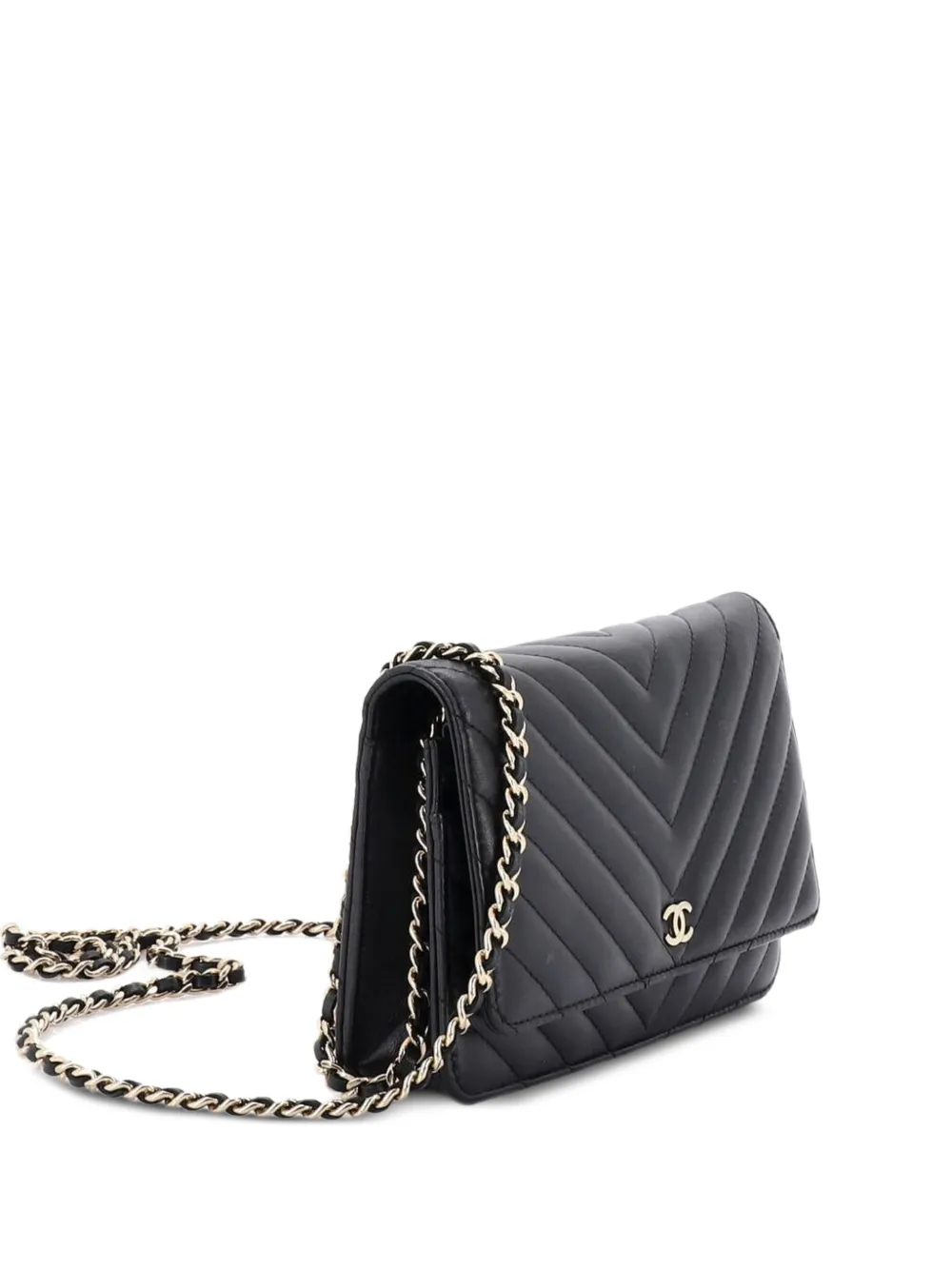 CHANEL Pre-Owned Borsa a tracolla Wallet on Chain in pelle di agnello con motivo chevron - Nero