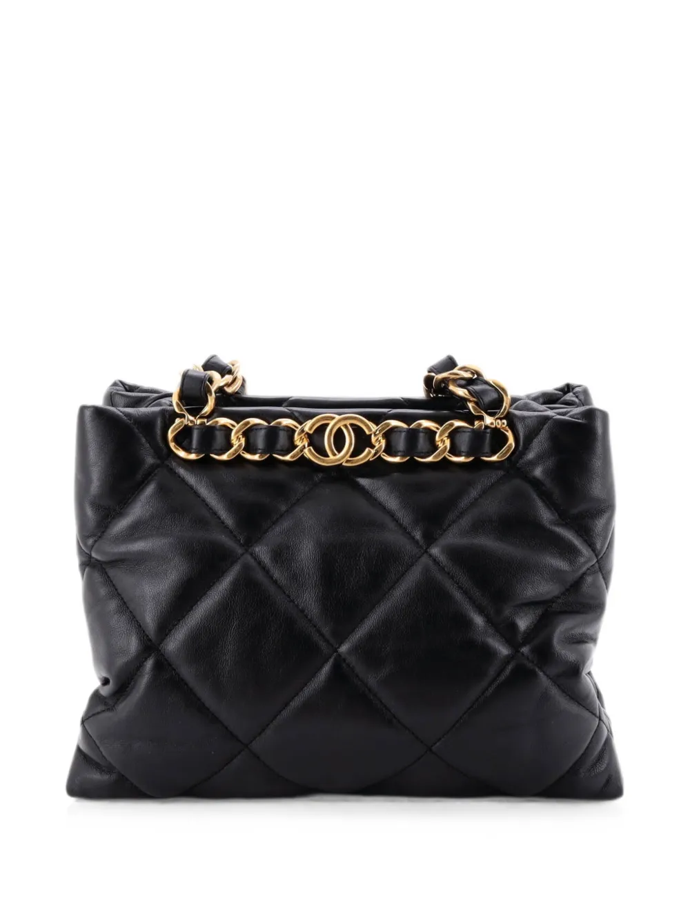 Pre-owned Chanel Cc Bar Chain Handle Shopping Tote Quilted Lambskin Small Shoulder Bag In Black