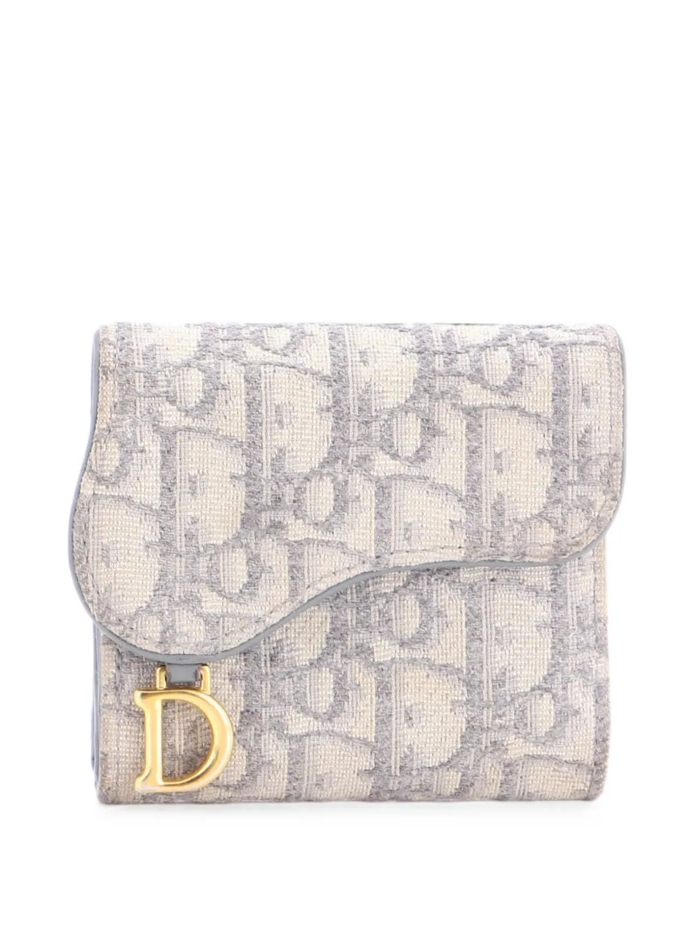 Pre-owned Dior Saddle Flap Wallet Oblique Canvas Mini Small Wallets In Grey