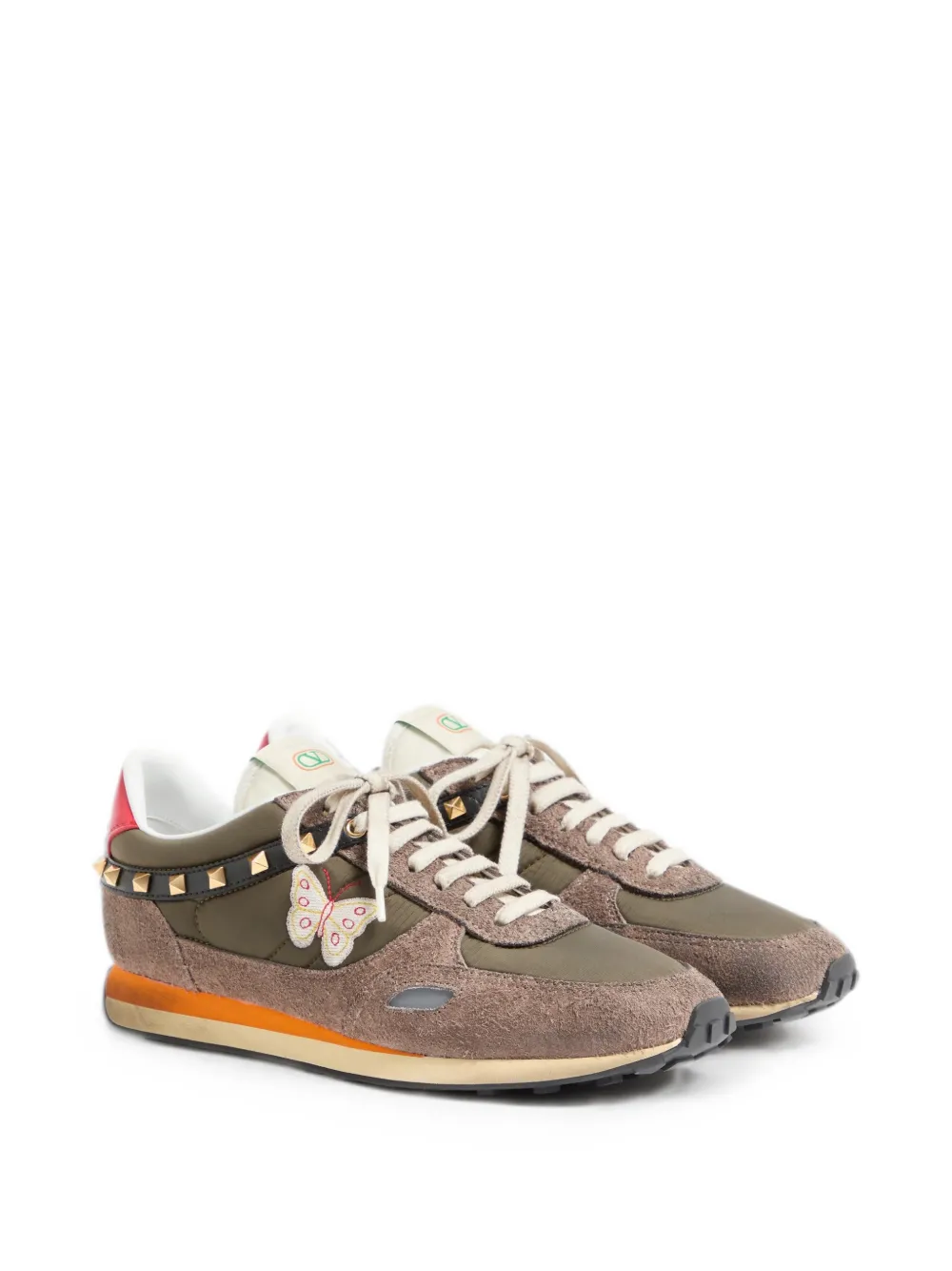 Valentino Garavani Stud Up in split leather and nylon with butterfly embroidery Groen
