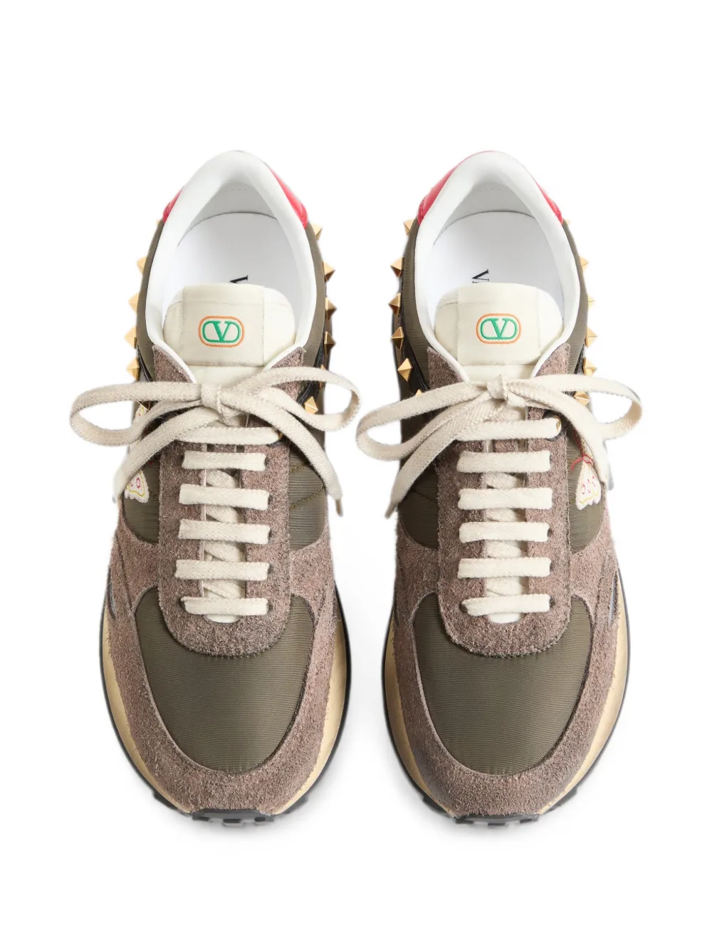 Valentino Garavani Stud Up in split leather and nylon with butterfly embroidery Groen