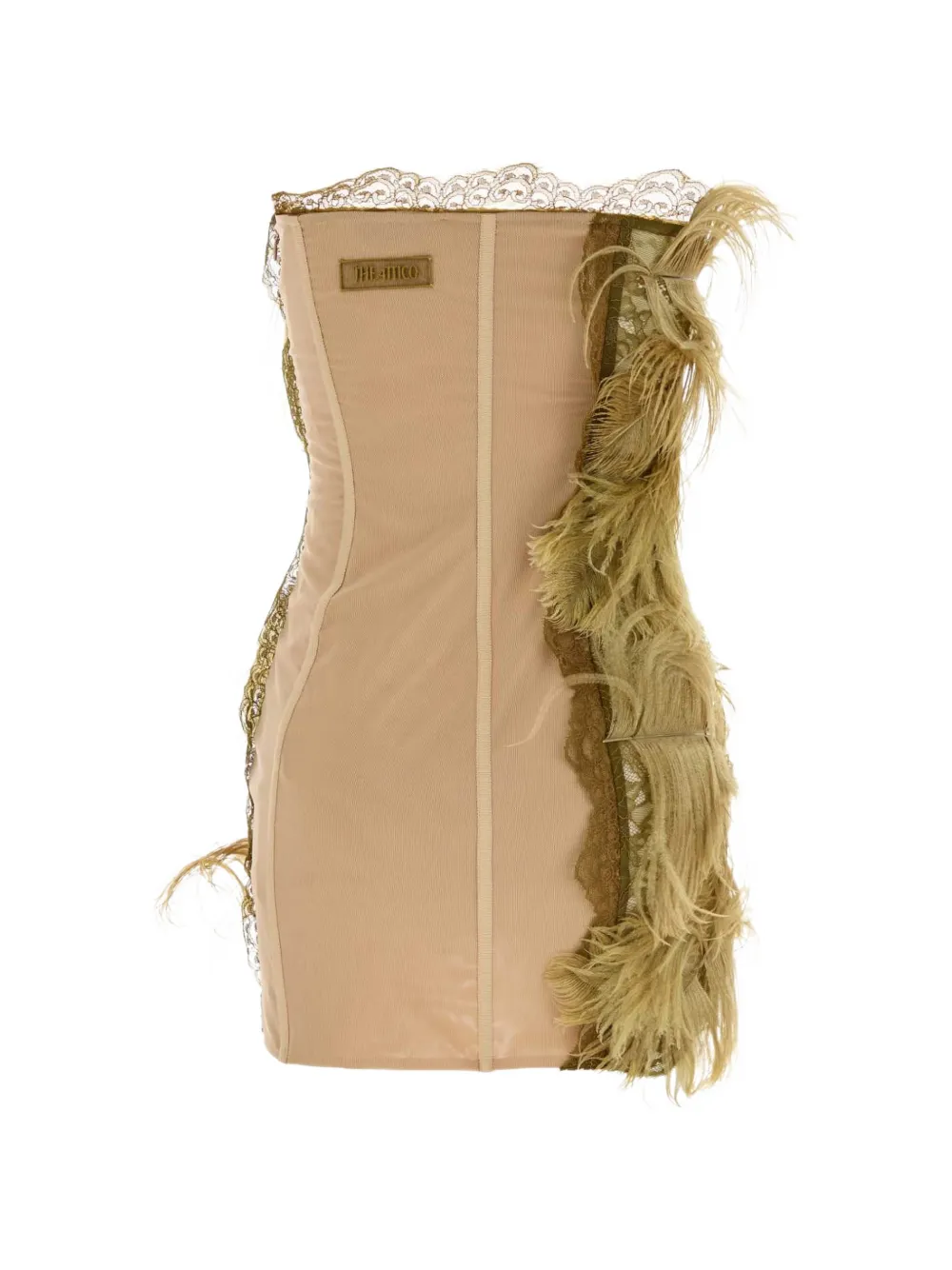 The Attico feather-trim lace-detail dress Beige