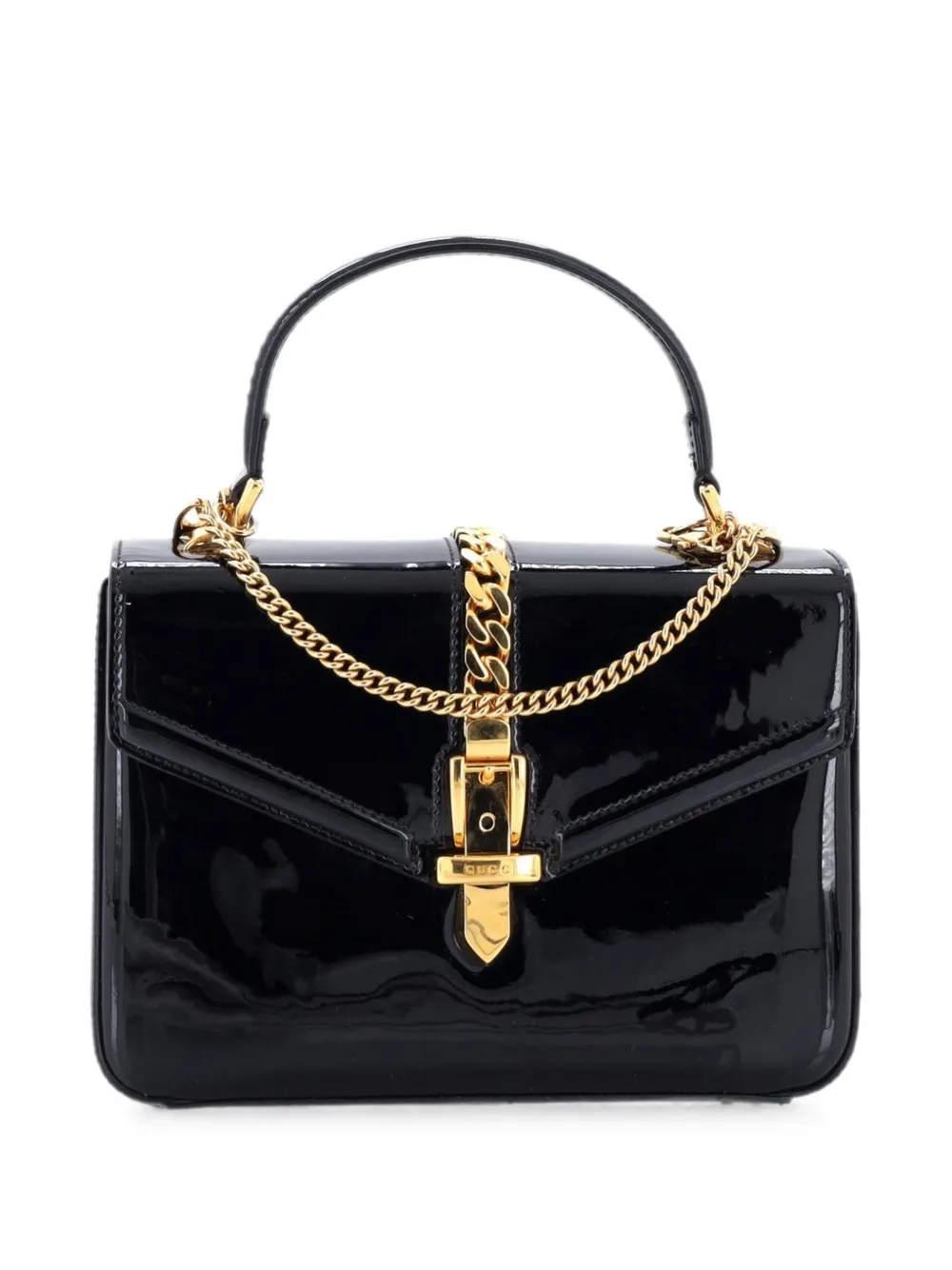 Pre-owned Gucci Sylvie 1969 Top Handle Bag Patent Mini Satchel In Black