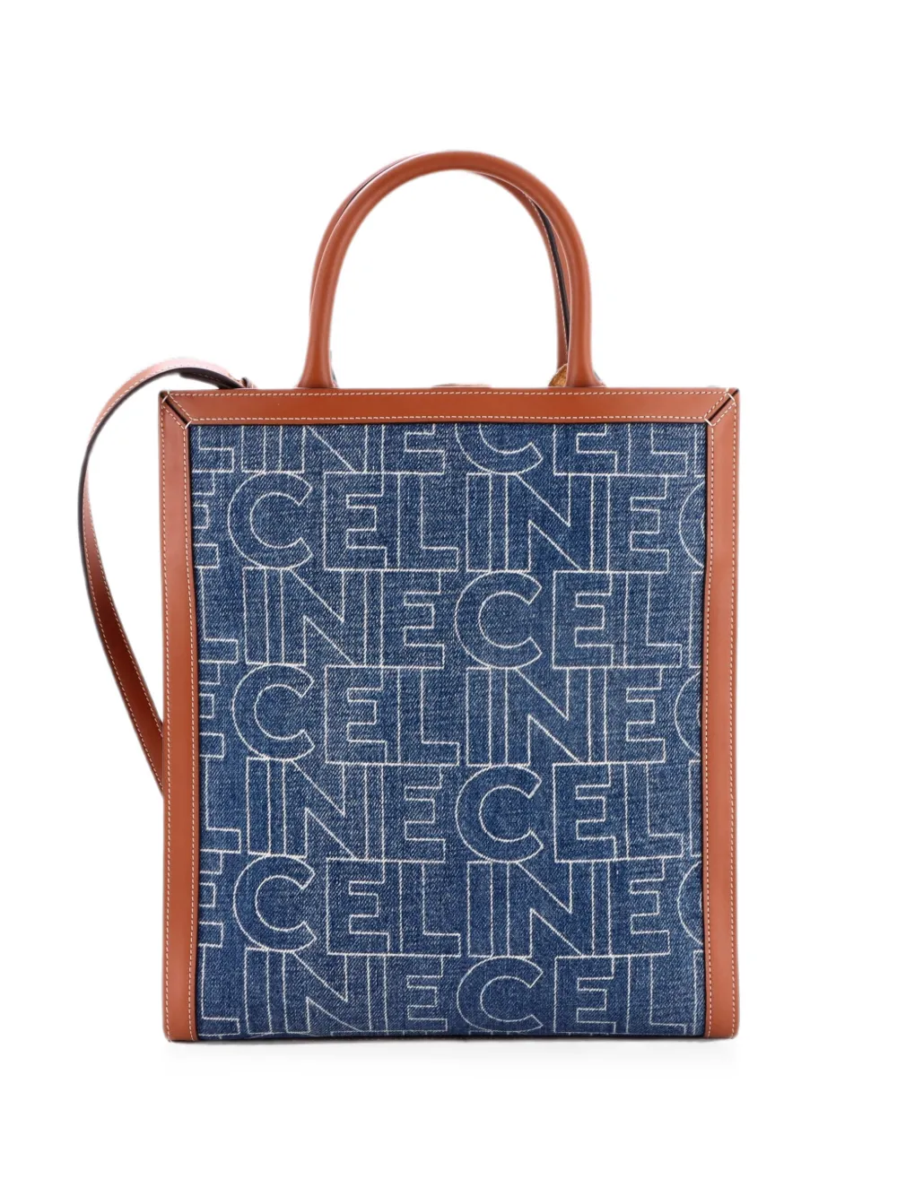 Pre-owned Celine Vertical Cabas Triomphe Denim And Leather Small Tote Bag In Blue