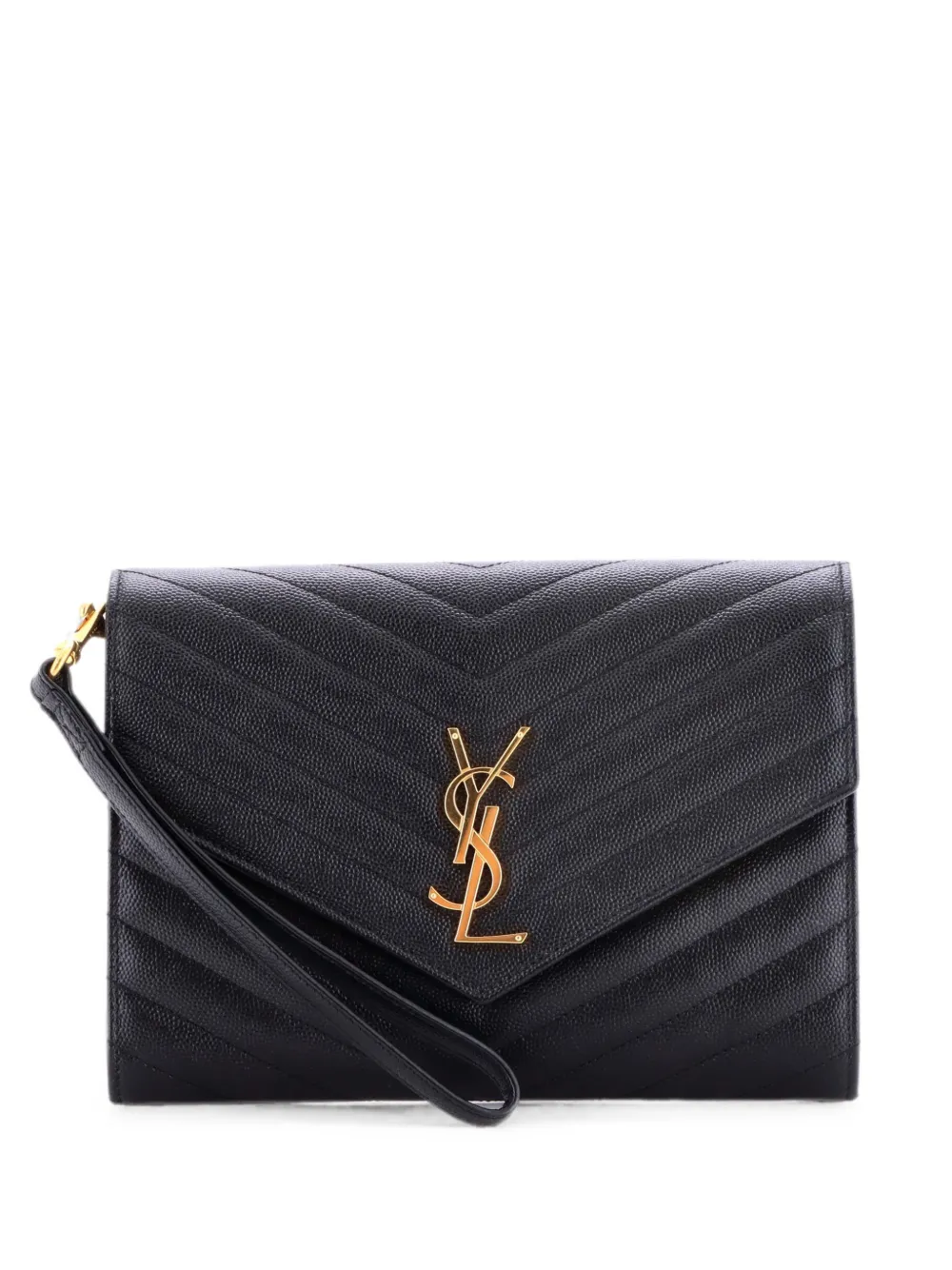 Pre-owned Saint Laurent Classic Monogram Envelope Wristlet Mixed Matelasse Leather Clutch Bag In Black