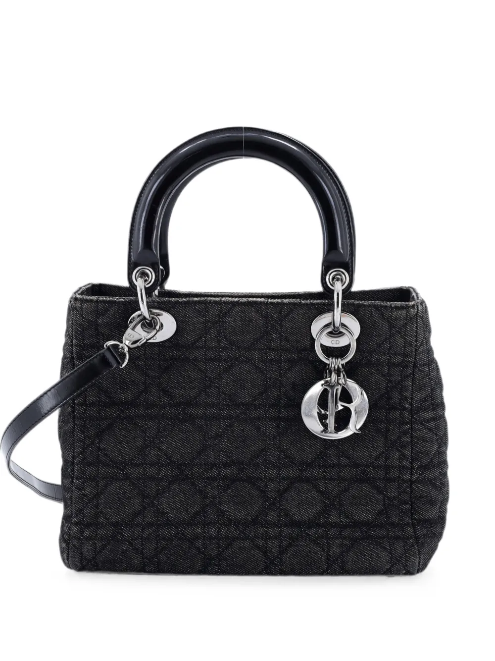 Pre-owned Dior Vintage Lady  Bag Cannage Quilt Denim Medium Tote Bag In Black