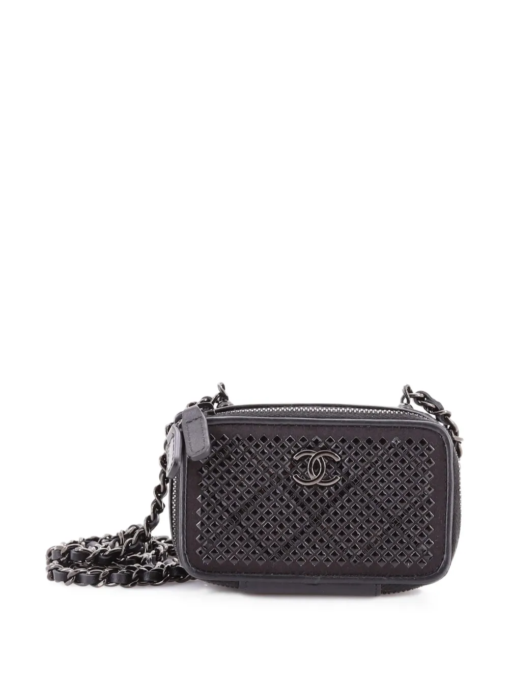 CHANEL Pre-Owned So Black Zip Around Vanity Clutch aus Satin mit Kristallen und Leder - Schwarz