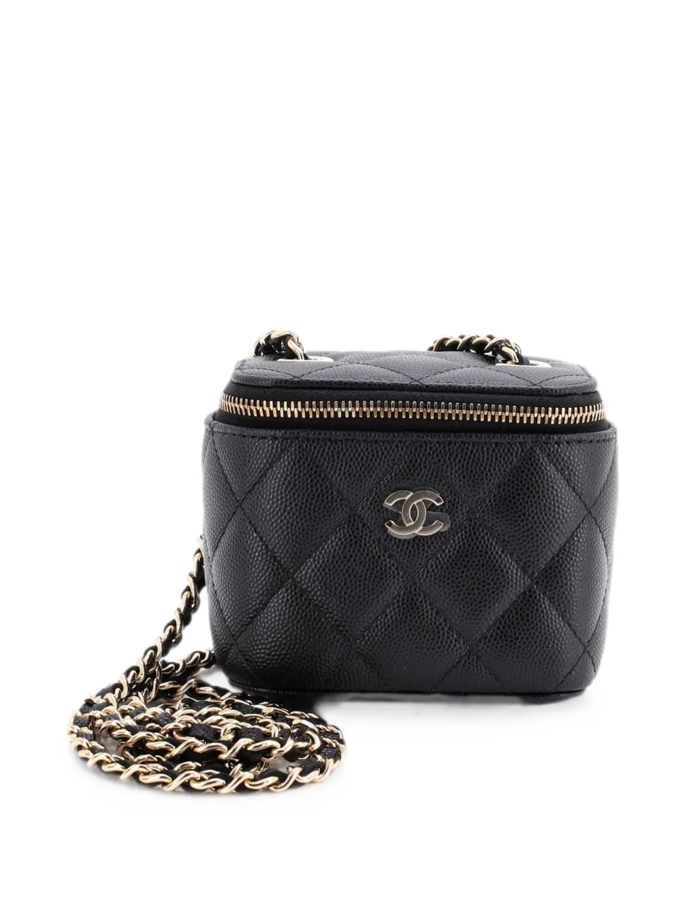 Pre-owned Chanel Classic Vanity Case With Chain Quilted Caviar Mini Pouch In Black