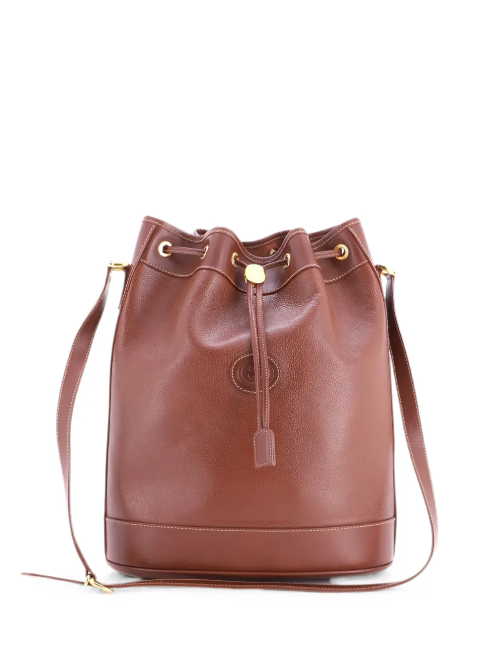 Pre-owned Gucci Drawstring Gg Embossed Perforated Leather Medium Bucket Bag In Brown