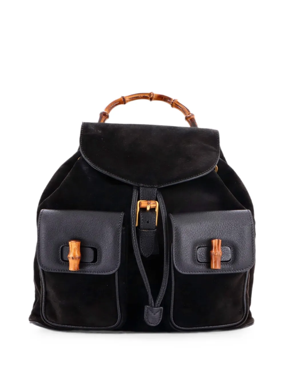 Pre-owned Gucci Vintage Bamboo Suede Medium Backpack In Black