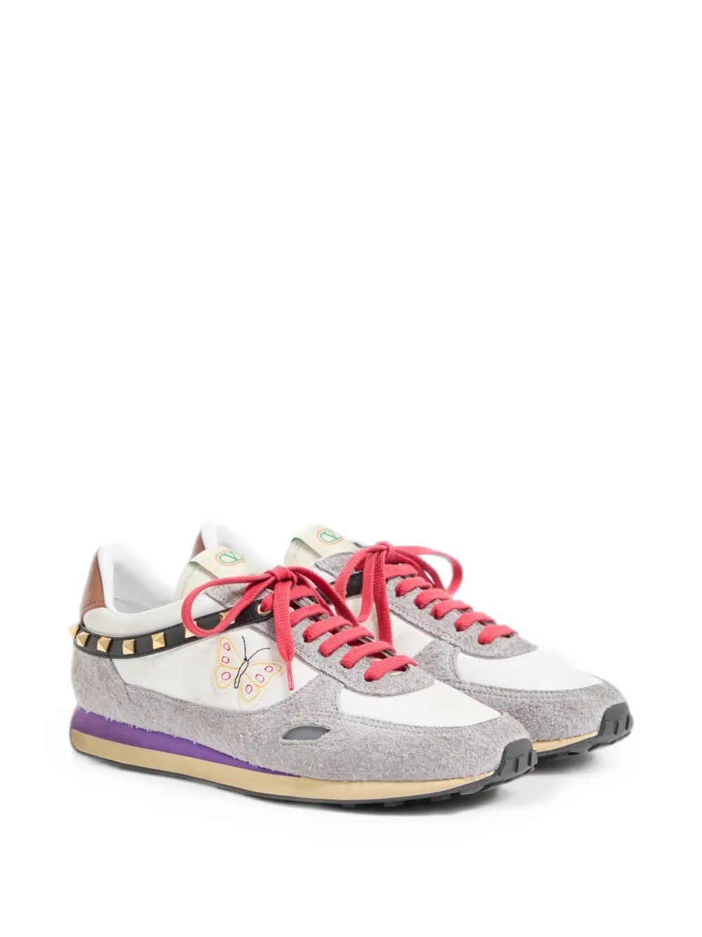 Valentino Garavani Stud Up sneakers van gespleten leer en nylon met geborduurde vlinder Wit