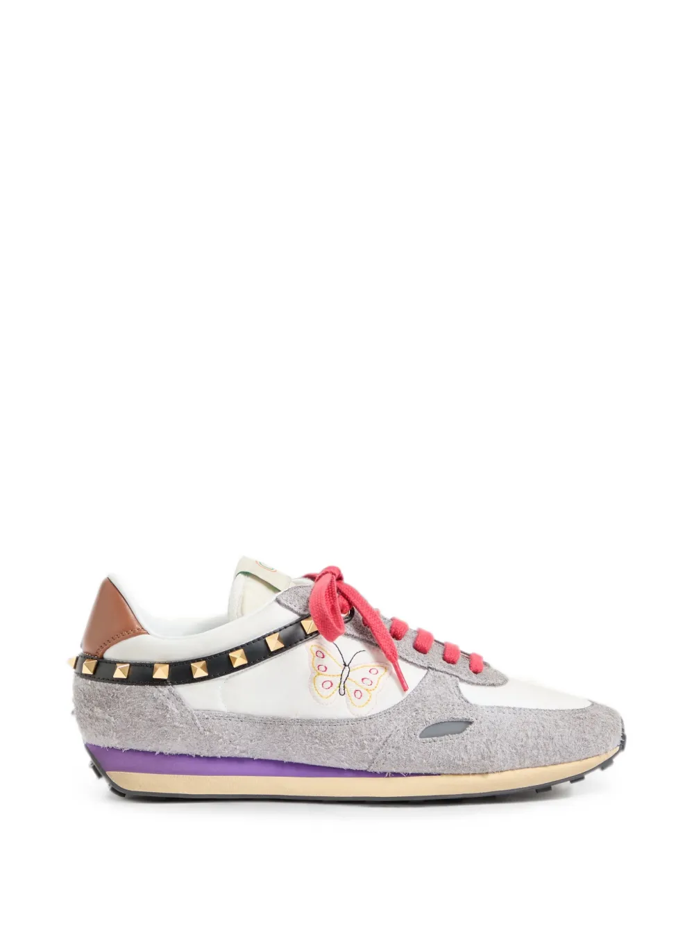 Valentino Garavani Stud Up sneakers van gespleten leer en nylon met geborduurde vlinder Wit