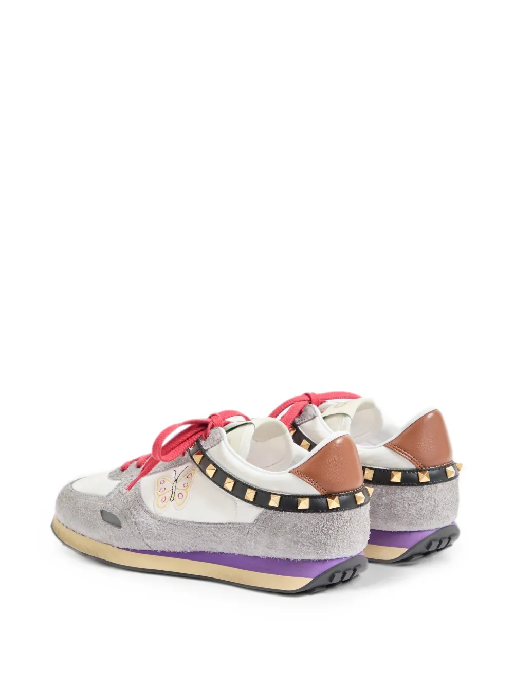 Valentino Garavani Stud Up sneakers van gespleten leer en nylon met geborduurde vlinder Wit