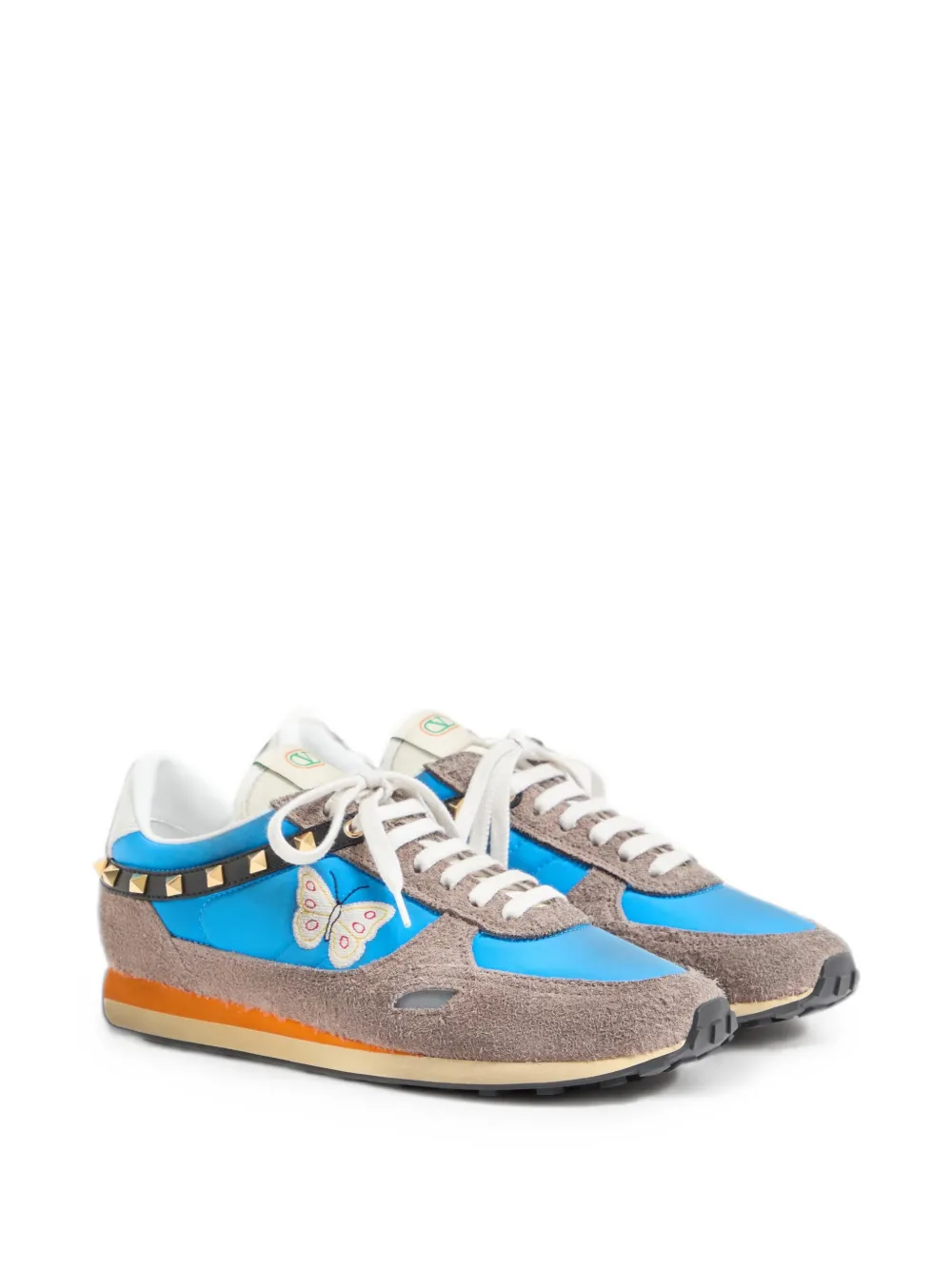 Valentino Garavani Stud Up sneakers van gespleten leer en nylon met geborduurde vlinder Blauw