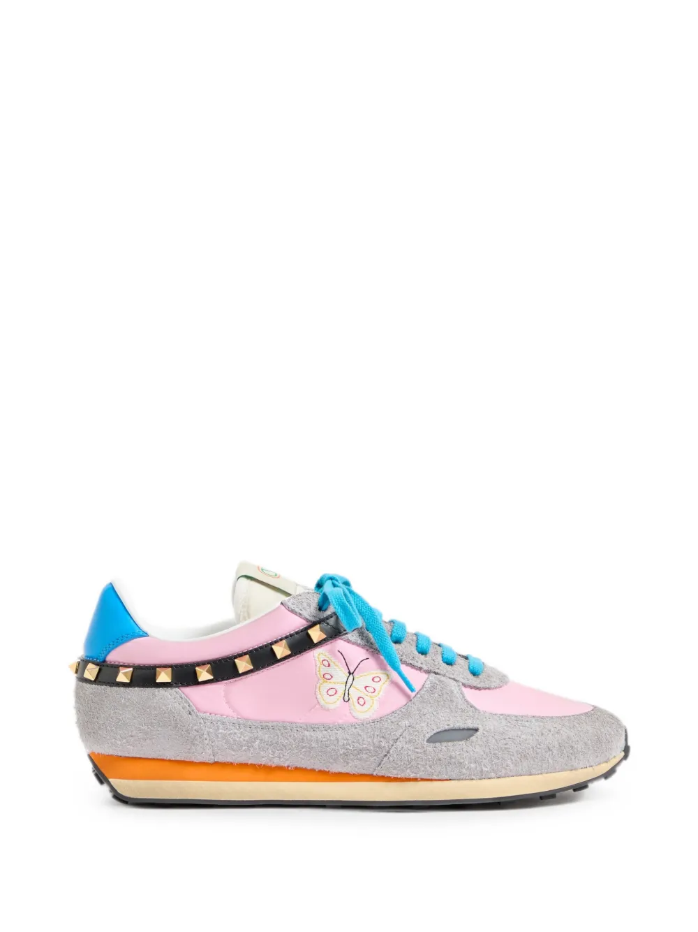 Valentino Garavani Stud Up sneakers in split leather and nylon with butterfly embroidery Roze