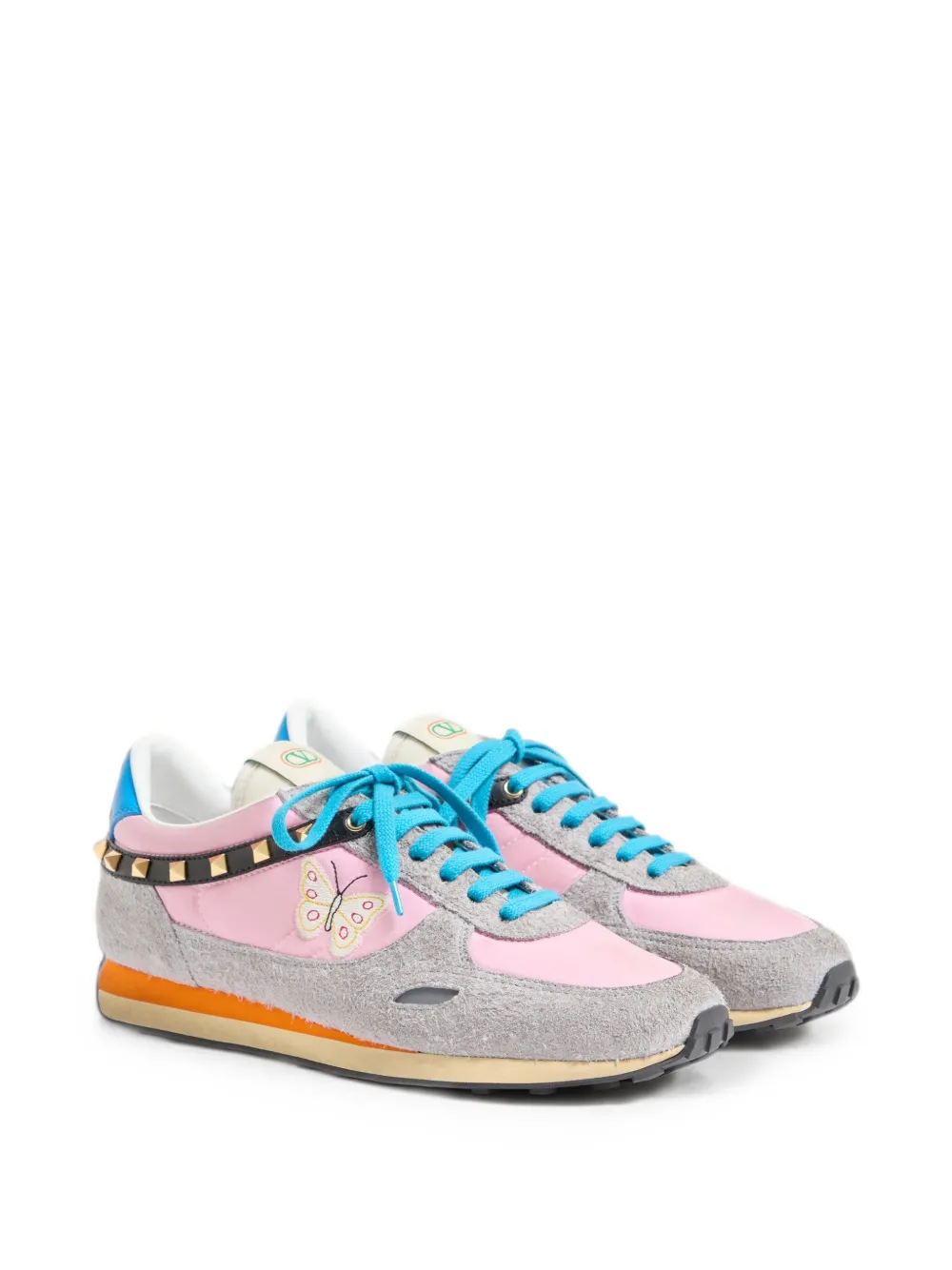 Valentino Garavani Stud Up sneakers in split leather and nylon with butterfly embroidery Roze