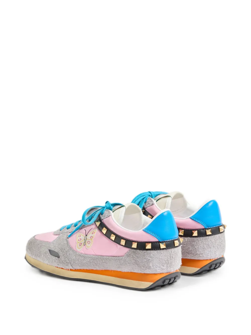Valentino Garavani Stud Up sneakers in split leather and nylon with butterfly embroidery Roze
