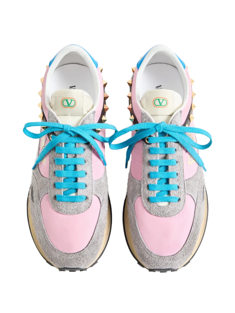 Valentino Garavani Stud Up sneakers in split leather and nylon with butterfly embroidery Roze