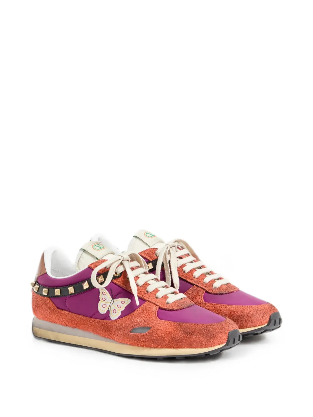 Valentino Garavani Stud Up sneakers van gespleten leer en nylon met geborduurde vlinder Paars