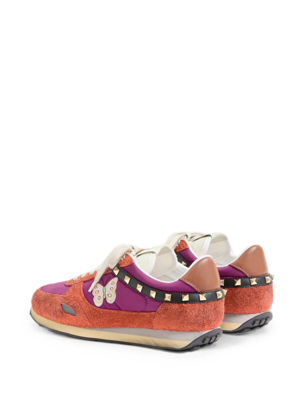 Valentino Garavani Stud Up sneakers van gespleten leer en nylon met geborduurde vlinder Paars