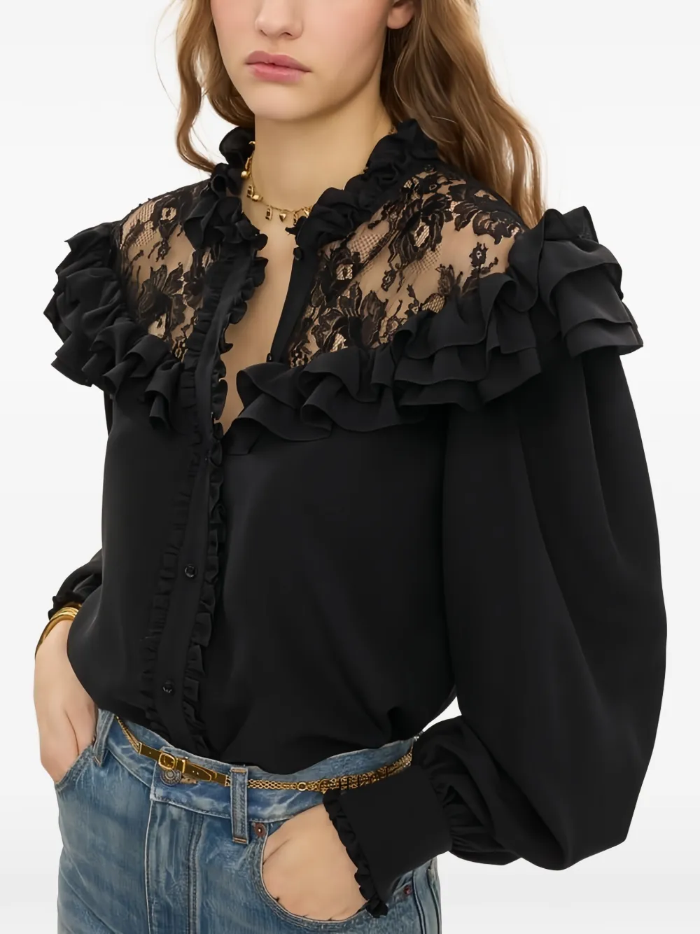 Chloé Crêpe de chine en kant blouse met ruches Zwart