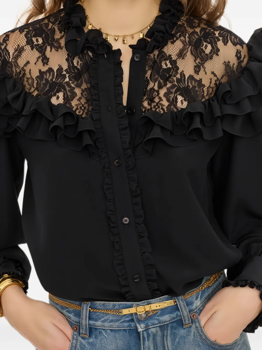 Chloé Crêpe de chine en kant blouse met ruches Zwart