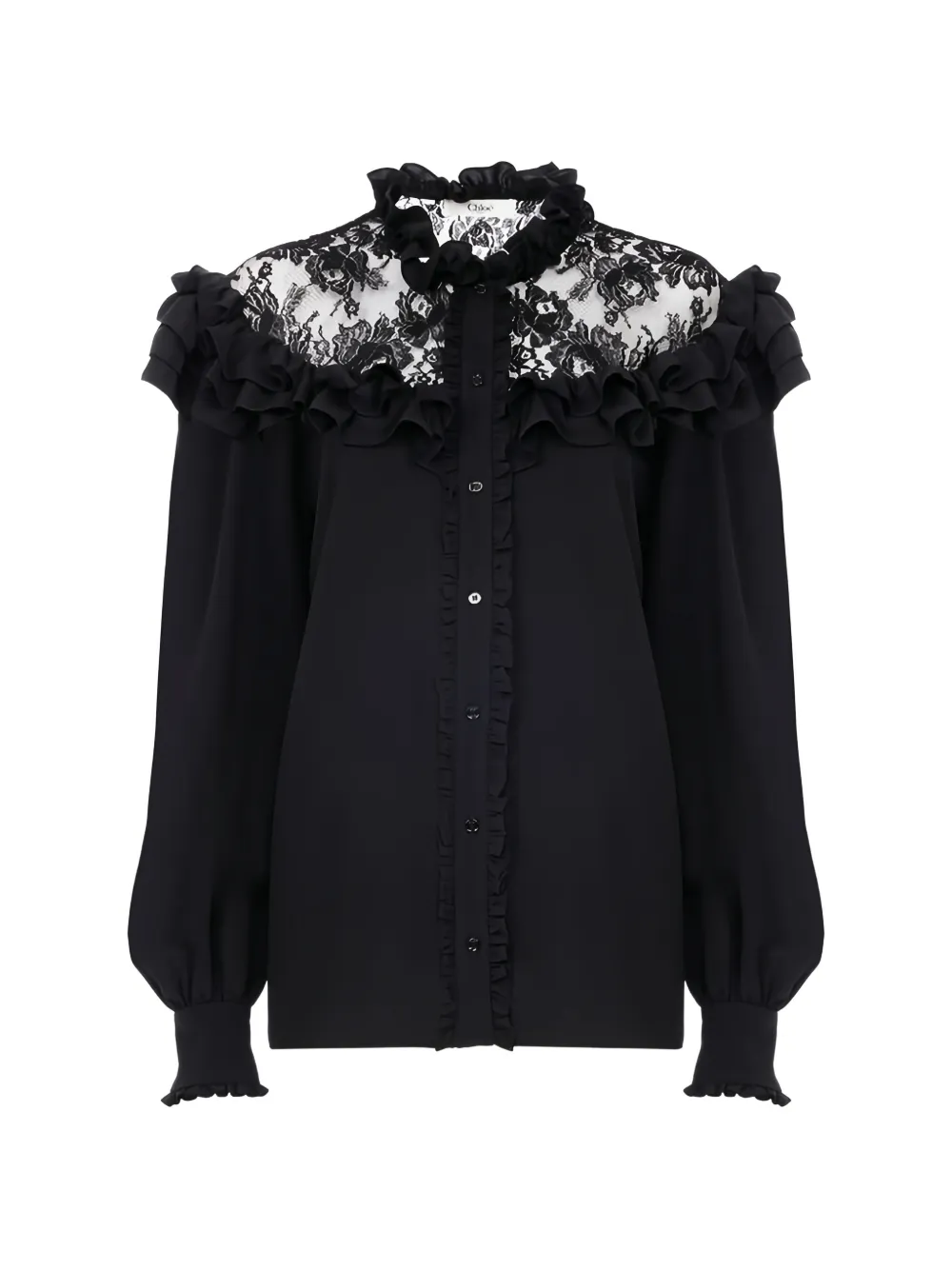 Chloé Gerüschte Bluse mit Stehkragen aus Crêpe de Chine und Spitze - Schwarz